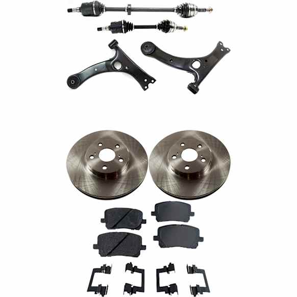 7-Piece Kit Front, Driver and Passenger Side Axle Assembly - New 7-Piece Kit, 1.8L, 4Cyl, Includes (1) Brake Pad Set, (2) Brake Disc, (2) Control Arm and (2) Axle Assembly