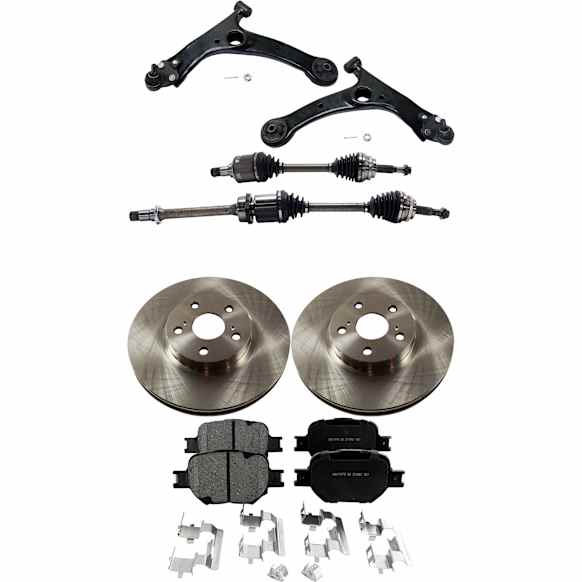 7-Piece Kit Front, Driver and Passenger Side Axle Assembly - New 7-Piece Kit, 2.4L, 4Cyl, Includes (1) Brake Pad Set, (2) Brake Disc, (2) Control Arm and (2) Axle Assembly