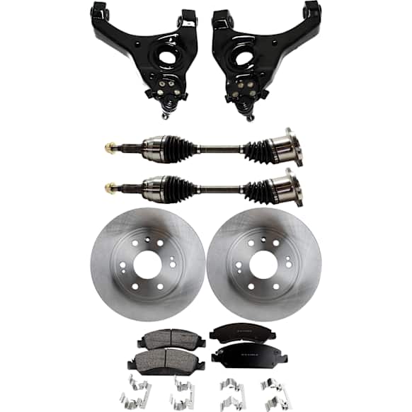 7-Piece Kit Front, Driver and Passenger Side, Lower Control Arm Kit, Includes (2) Axle Assembly, (2) Brake Disc, (1) Brake Pad Set, and (2) Control Arm