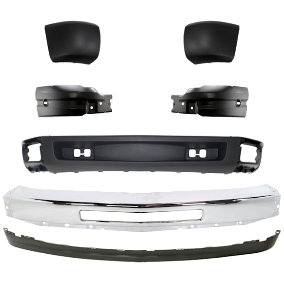 2011 Chevrolet Silverado 1500 - 7-Piece Kit Front Bumper, For Models Without Fog Lights, and Tow Hook Holes, Chrome, Includes (1) Bumper, (4) Bumper End and (2) Valance
