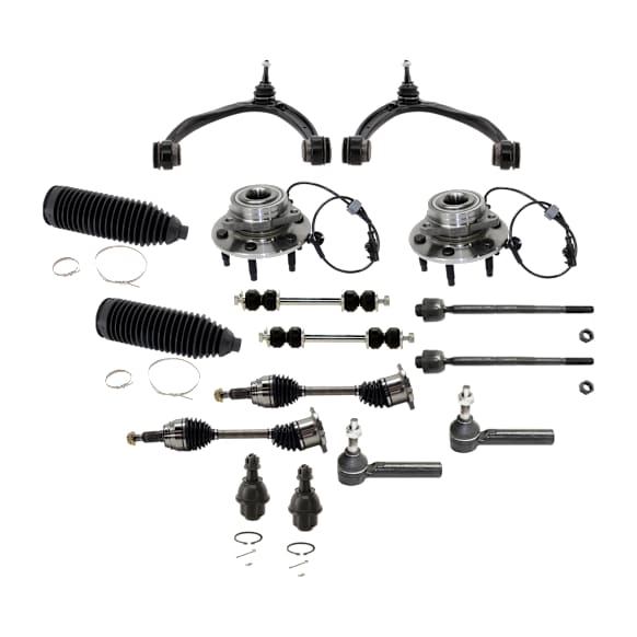 16-Piece Kit Front, Driver and Passenger Side Suspension Kit, Includes (2) Control Arm, (2) Ball Joint, (4) Tie Rod End, (2) Sway Bar Link, (2) Steering Rack Boot, (2) Wheel Hub and (2) Axle Assembly