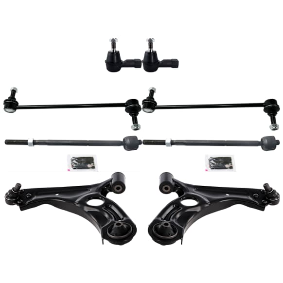 8-Piece Kit Front, Driver and Passenger Side, Lower Control Arm, Includes (2) Control Arm, (2) Sway Bar Link, and (4) Tie Rod End
