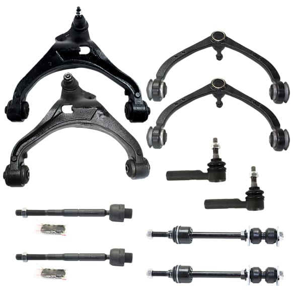 10-Piece Kit Front, Driver and Passenger Side, Upper and Lower, Inner and Outer Control Arm, includes (4) Control Arm, (2) Sway Bar Link, and (4) Tie Rod End