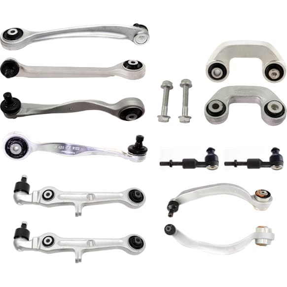 12-Piece Kit Front, Driver and Passenger Side, Upper and Lower, Frontward and Rearward Control Arm Includes (8) Control Arm, (2) Sway Bar Link, and (2) Tie Rod End