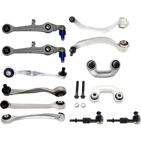 12-Piece Kit Front, Driver and Passenger Side, Upper and Lower, Frontward and Rearward Control Arm Includes (8) Control Arm, (2) Sway Bar Link, and (2) Tie Rod End