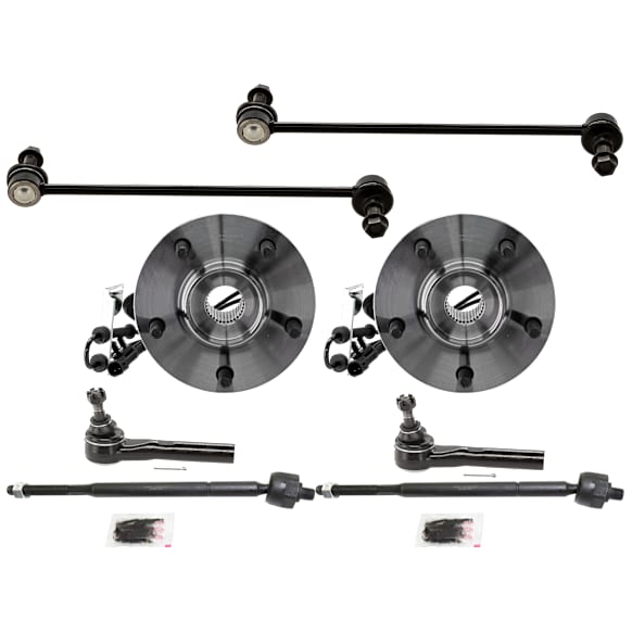 2-Wheel Set Front, Driver and Passenger Side Wheel Hub, 5 Lugs, With Bearing, With Sensor, FWD, Includes (2) Wheel Hub, (2) Sway Bar Link and (4) Tie Rod End