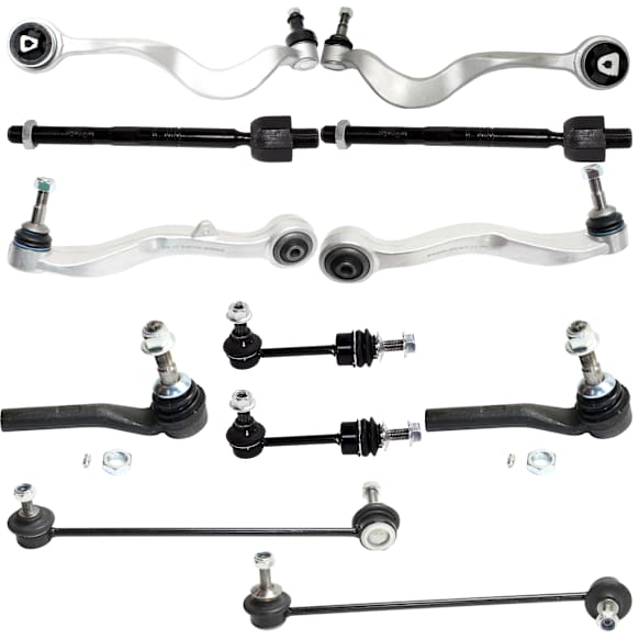 12-Piece Kit Front, Driver and Passenger Side, Lower, Frontward and Rearward Control Arm, Includes (4) Control Arm, (4) Tie Rod End and (4) Sway Bar Link