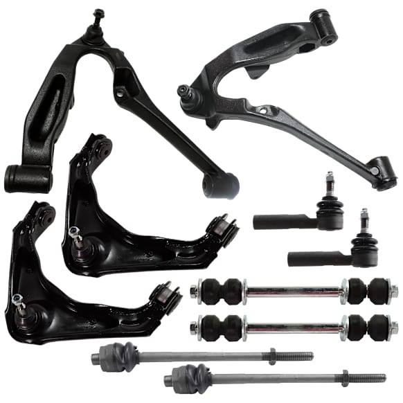 10-Piece Kit Front, Driver and Passenger Side, Upper and Lower Control Arm, includes (4) Control Arm, (2) Sway Bar Link, and (4) Tie Rod End