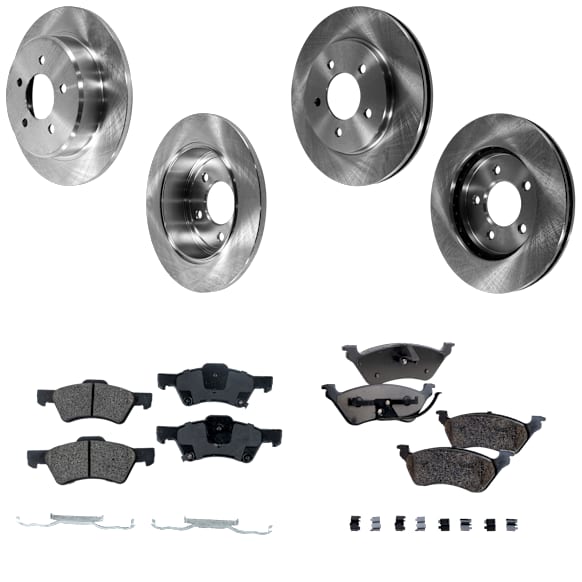 4-Wheel Set Front and Rear Brake Disc and Pad Kit, Plain Surface, 5 Lugs, Cast Iron, Ceramic, Pro-Line Series