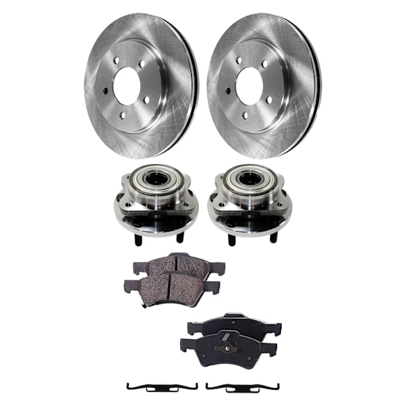 2-Wheel Set Front, Driver and Passenger Side Wheel Hub, 5 Lugs, With Bearing, AWD, includes (2) Brake Disc, (1) Brake Pad Set, and (2) Wheel Hub