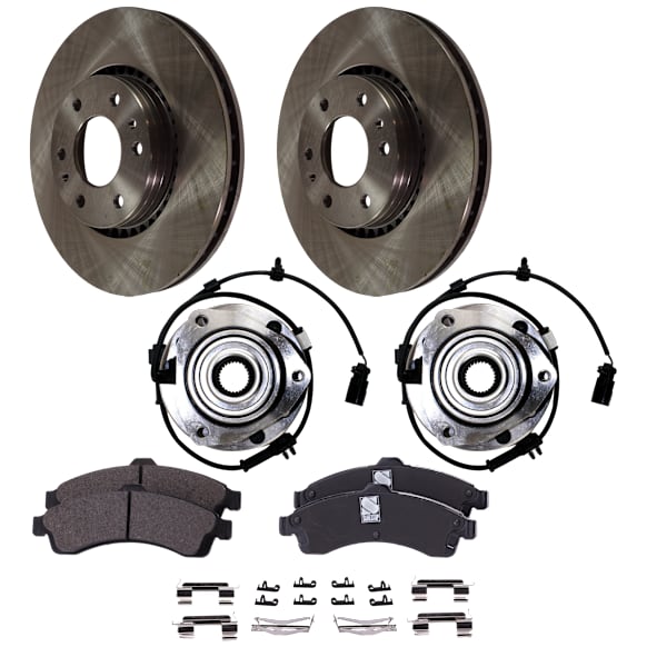 2-Wheel Set Front Brake Disc and Pad Kit, Plain Surface, includes (2) Brake Disc, (1) Brake Pad Set, and (2) Wheel Hub