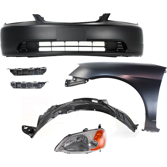 6-Piece Kit Driver Side Halogen Headlight, Without bulb(s), OE Replacement, Includes (2) Bumper Bracket, (1) Bumper Cover, (1) Fender, (1) Headlight and (1) Fender Liner
