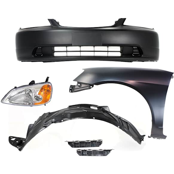 6-Piece Kit Driver Side Halogen Headlight, With bulb(s), OE Replacement, Sedan, Includes (2) Bumper Bracket, (1) Bumper Cover, (1) Fender, (1) Headlight and (1) Fender Liner