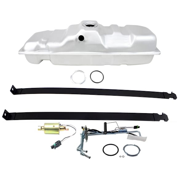 4-Piece Kit Galvanized Steel Fuel Tank, 25 gallons / 95 liters Includes (1) Fuel Pump, (1) Fuel Sending Unit, (1) Fuel Tank, and (1) Fuel Tank Strap