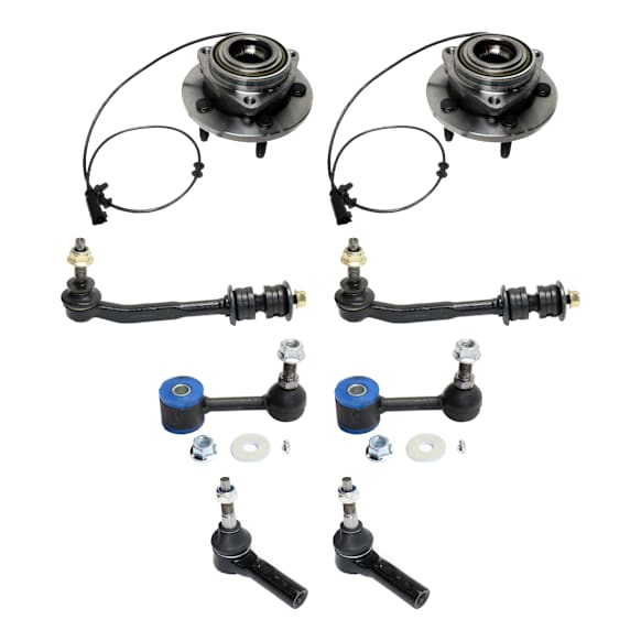2-Wheel Set Front, Driver and Passenger Side Wheel Hub, 5 Lugs, With Bearing, With Sensor, Includes (2) Wheel Hub, (4) Sway Bar Link and (2) Tie Rod End