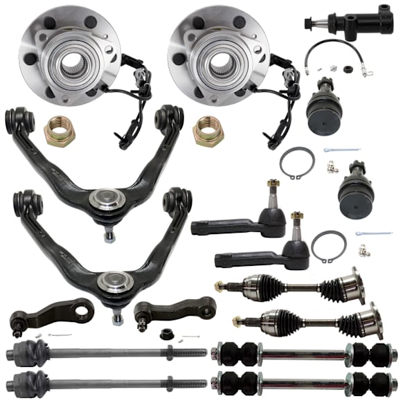 17-Piece Front Suspension Kit Includes (2) Control Arm, (1) Idler Arm Bracket, (1) Pitman Arm, (1) Idler Arm, (4) Tie Rod End, (2) Ball Joint, (2) Sway Bar Link, (2) Wheel Hub and (2) Axle Assembly