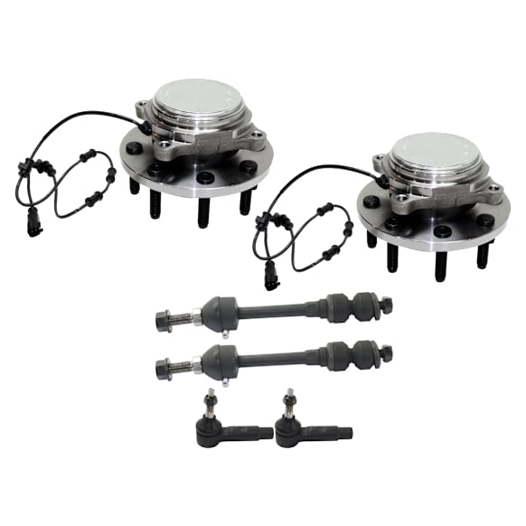 2-Wheel Set Front, Driver and Passenger Side Wheel Hub, 8 Lugs, With Bearing, With Sensor, RWD, Includes (2) Sway Bar Link, (2) Tie Rod End and (2) Wheel Hub