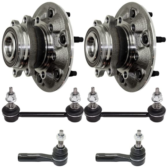 2-Wheel Set Front, Driver and Passenger Side Wheel Hub, 6 Lugs, With Bearing, Without Sensor, RWD, Includes (2) Tie Rod End, (2) Sway Bar Link and (2) Wheel Hub