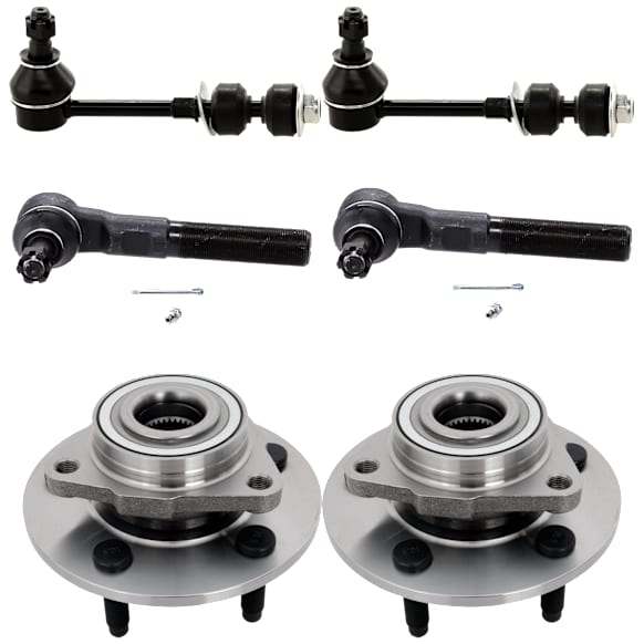 2-Wheel Set Front, Driver and Passenger Side Wheel Hub, 5 Lugs, With Bearing, 4WD, Includes (2) Sway Bar Link, (2) Tie Rod End, and (2) Wheel Hub