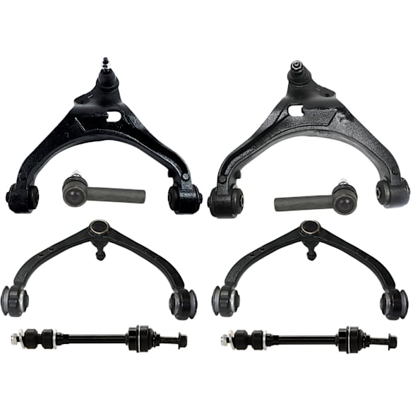 8-Piece Kit Front, Driver and Passenger Side, Upper and Lower Control Arm, includes (4) Control Arm, (2) Sway Bar Link, and (2) Tie Rod End