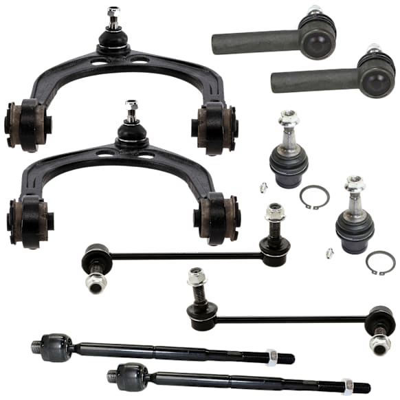 10-Piece Kit Front, Driver and Passenger Side, Upper Control Arm, includes (2) Ball Joint, (2) Control Arm, (2) Sway Bar Link, and (4) Tie Rod End