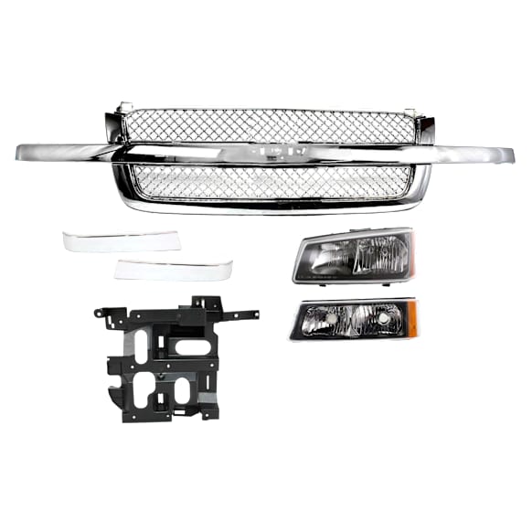 6-Piece Kit, Grille Chrome, Includes (1) Grille, (2) Grille Trim, (1) Headlight, (1) Headlight Bracket, and (1) Turn Signal Light