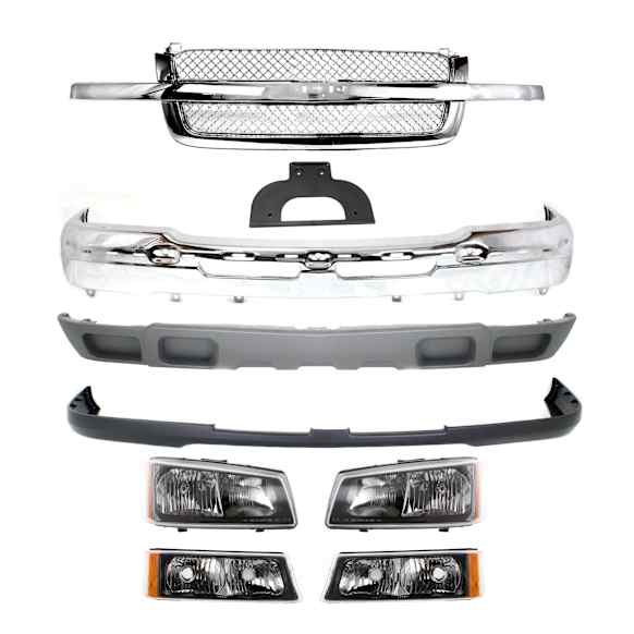 9-Piece Kit, Front Bumper, Chrome, Includes (1) Bumper, (1) Bumper Cover, (1) Grille, (2) Headlight, (1) License Plate Bracket, (2) Turn Signal Light, and (1) Valance