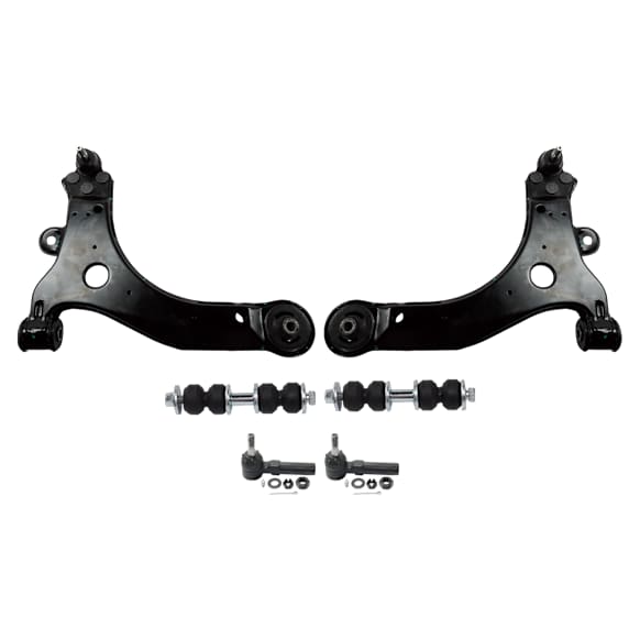 6-Piece Kit Front, Driver and Passenger Side, Outer, Lower Control Arm, Includes (2) Control Arm, (2) Tie Rod End and (2) Sway Bar Link