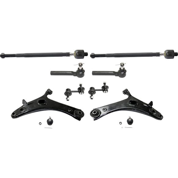 8-Piece Kit Front, Driver and Passenger Side, Inner and Outer, Lower Control Arm, includes (2) Control Arm, (2) Sway Bar Link, and (4) Tie Rod End