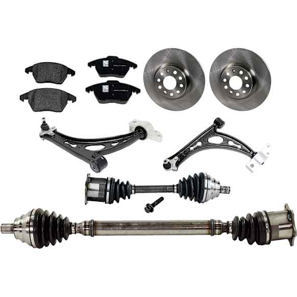 2012 Volkswagen Jetta TDI - 8-Piece Kit Front, Driver and Passenger Side Axle Assembly, New, 2.0L 4Cyl Automatic Dual Clutch, Transaxle, Wagon,  Includes (2) Axle Assembly, (2) Brake Disc, (1) Brake Pad Set, and (2) Control Arm