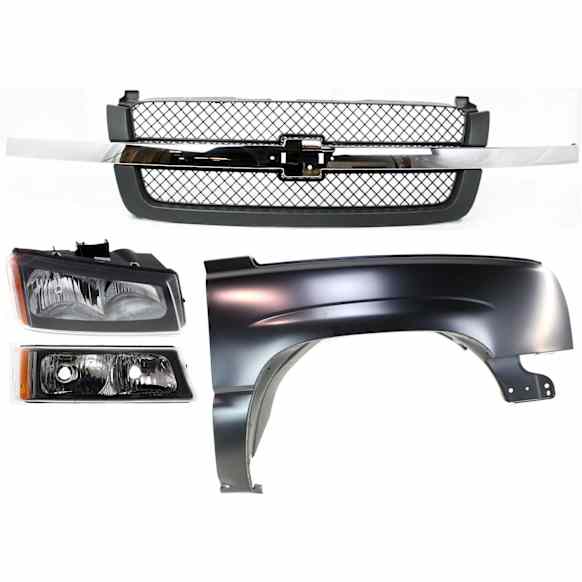 4-Piece Kit, Front, Passenger Side Fender, Includes (1) Fender, (1) Grille, (1) Headlight, and (1) Turn Signal Light