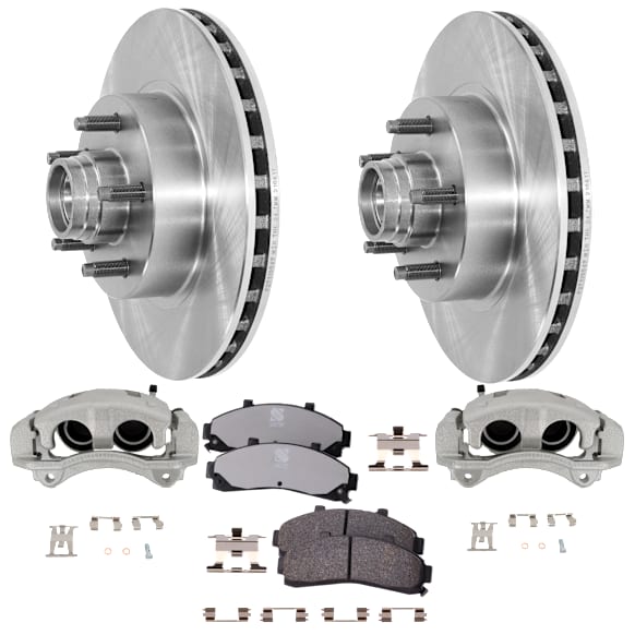 2-Wheel Set Front Brake Kit With Calipers, Plain Surface, 5 Lugs, 286.4 mm, RWD, Semi-metallic, Natural, Includes (2) Caliper, (2) Disc, and (1) Pad Set