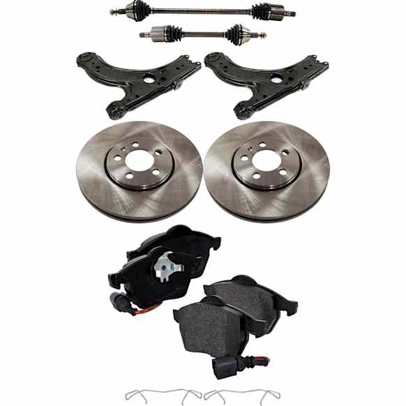 8-Piece Kit Front, Driver and Passenger Side Axle Assembly with Brake Discs, Brake Pad Set, and Control Arms, FWD