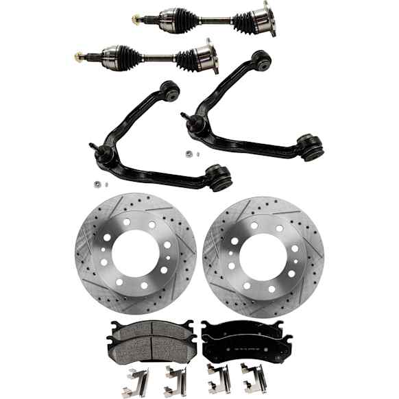 7-Piece Kit Front, Driver and Passenger Side Axle Assembly - New 7-Piece Kit, Includes (1) Brake Pad Set, (2) Control Arm, (2) Brake Disc and (2) Axle Assembly