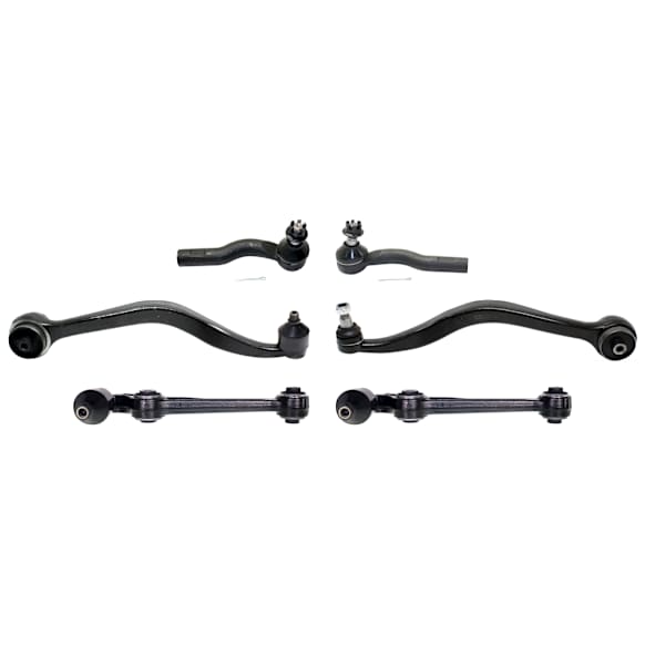 6-Piece Kit Front, Driver and Passenger Side, Lower, Frontward and Rearward Control Arm, includes (4) Control Arm and (2) Tie Rod End