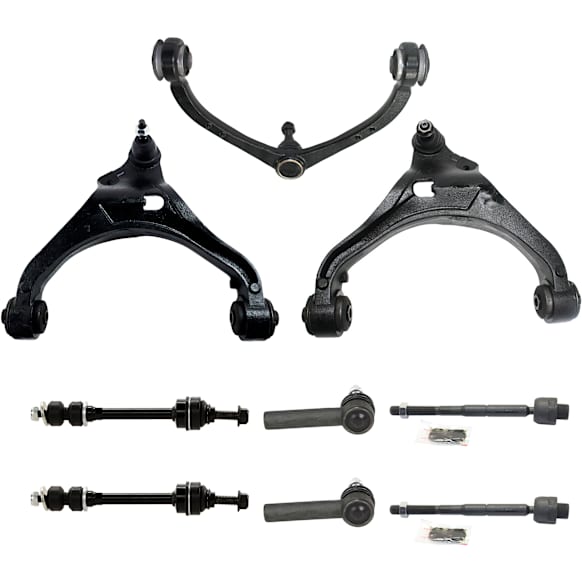 9-Piece Kit Front, Driver and Passenger Side, Upper and Lower Control Arm, includes (3) Control Arm, (2) Sway Bar Link, and (4) Tie Rod End