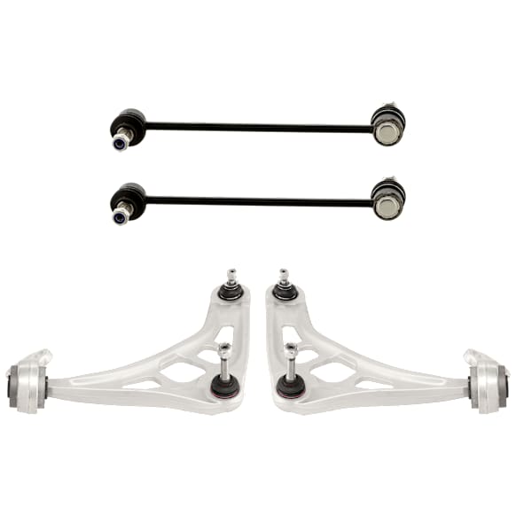 4-Piece Kit Front, Driver and Passenger Side, Lower Control Arm, includes (2) Control Arm and (2) Sway Bar Link