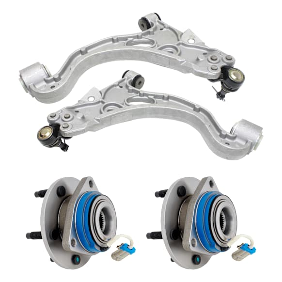 4-Piece Kit Front, Driver and Passenger Side, Lower Control Arm, includes (2) Control Arm and (2) Wheel Hub