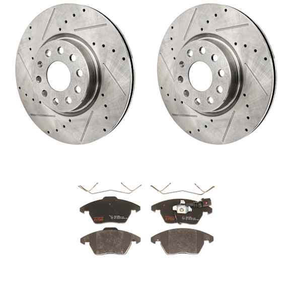 KIT-062924-104 2-Wheel Set Front Brake Disc and Pad Kit, Cross-drilled and Slotted 5 Lugs 311.91 mm Ceramic, Includes (1) Brake Pad Set and (2) Brake Disc