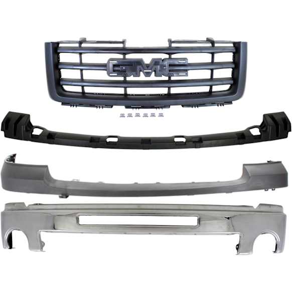 4-Piece Kit, Front Bumper, Chrome, Includes (1) Bumper, (1) Bumper Bracket, (1) Bumper Cover, and (1) Grille