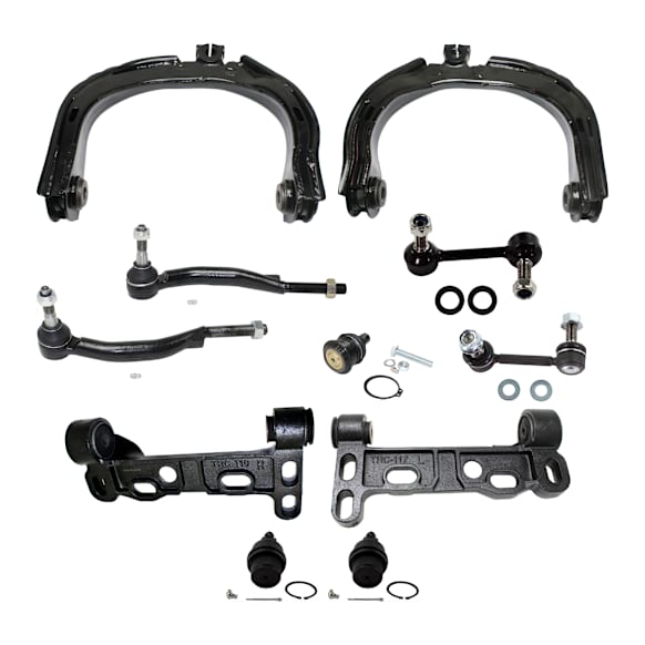 11-Piece Kit Front, Driver and Passenger Side, Lower Control Arm Brackets, Includes (3) Ball Joint, (2) Control Arm, (2) Control Arm Bracket, (2) Sway Bar Link, and (2) Tie Rod End