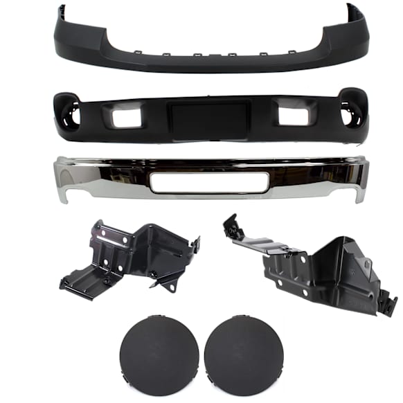 7-Piece Kit, Front, Driver and Passenger Side, Outer Bumper, Chrome, Includes (1) Bumper, (2) Bumper Bracket, (1) Bumper Cover, (2) Fog Light Cover, and (1) Valance