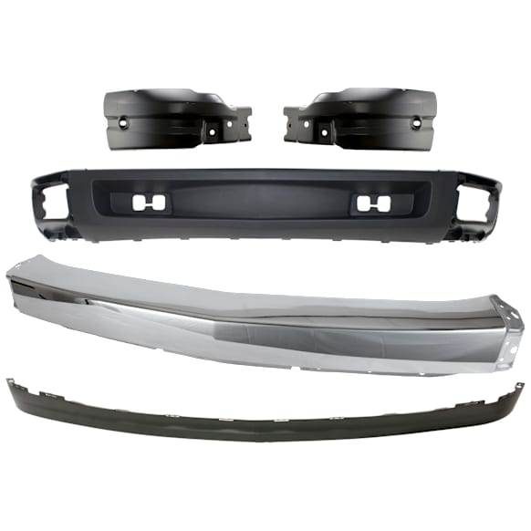 5-Piece Kit, Front, Driver and Passenger Side, Lower Bumper, Chrome, Includes (1) Bumper, (2) Bumper End, and (2) Valance