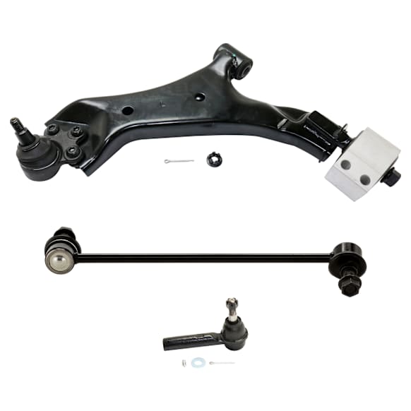 6-Piece Kit Front, Driver and Passenger Side, Outer, Lower Control Arm, includes (2) Control Arm, (2) Sway Bar Link and (1) Tie Rod End