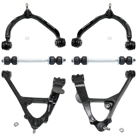 6-Piece Kit Front, Passenger Side, Lower, Driver Side, Upper Control Arm, Includes (4) Control Arm and (2) Sway Bar Link