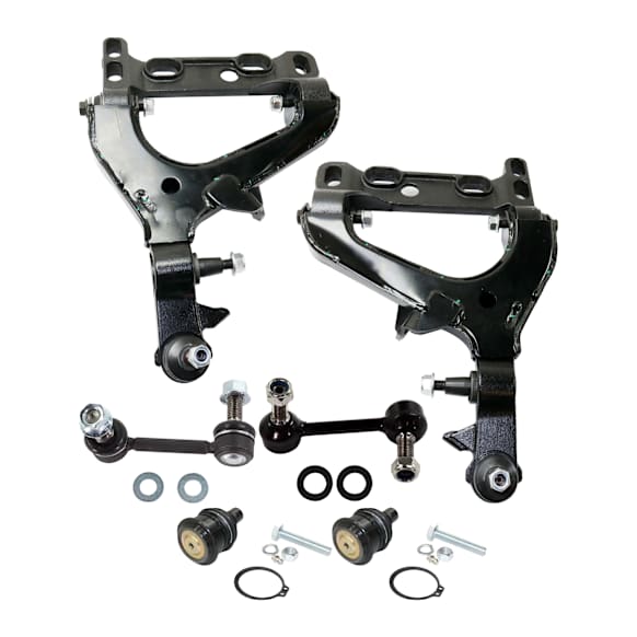 6-Piece Kit Front, Driver and Passenger Side, Inner and Outer, Lower, Front To End Control Arm, includes (2) Ball Joint, (2) Control Arm, and (2) Sway Bar Link