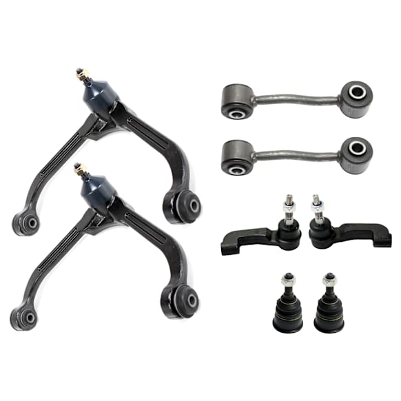 8-Piece Kit Front, Driver and Passenger Side, Inner and Outer, Lower, Front To End Control Arm, includes (2) Ball Joint, (2) Control Arm, (2) Sway Bar Link, and (2) Tie Rod End