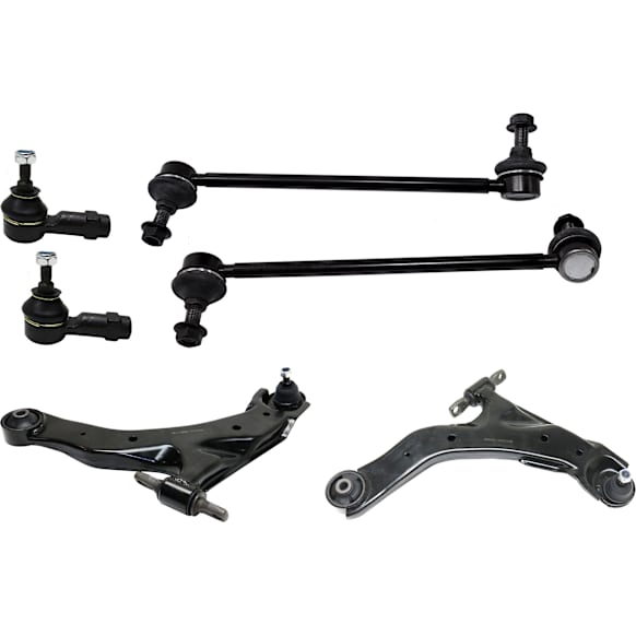 6-Piece Kit Front, Driver and Passenger Side, Lower Control Arm, FWD, (2) Control Arm, (2) Sway Bar Link, and (2) Tie Rod End