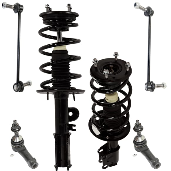 6-Piece Kit Front, Driver and Passenger Side, Inner and Outer, Lower, Front To End Fully Loaded Strut, Includes (2) Shock Absorber and Strut Assembly, (2) Sway Bar Link and (2) Tie Rod End
