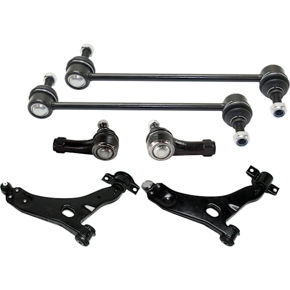 6-Piece Kit Front, Passenger Side, Lower, Driver Side, Outer Control Arm, includes (2) Control Arm, (2) Sway Bar Link, and (2) Tie Rod End
